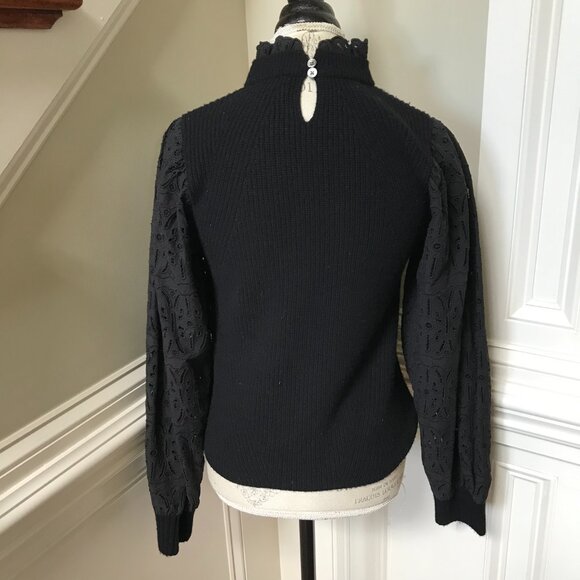 Sea NY Iris Eyelet Sweater Womens Medium Black Long Sleeve Wool Cotton Mock Neck - Picture 11 of 13